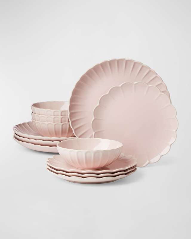 French Perle Scallop Blush 12-Piece Dinnerware Set, Service for 4